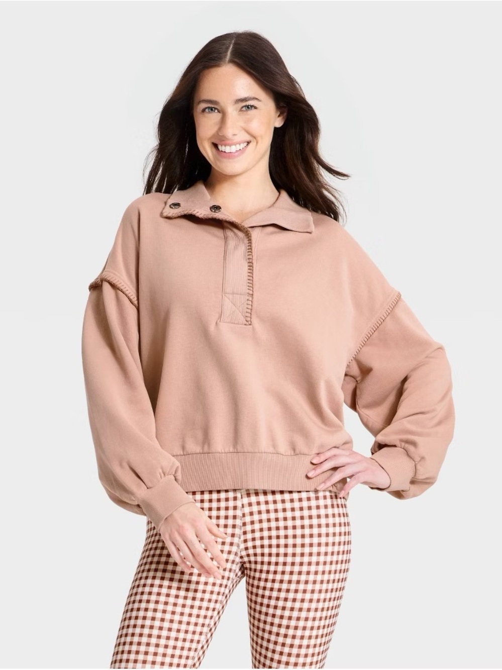 JoyLab Women's French Terry Henley Sweatshirt Light Taupe XS